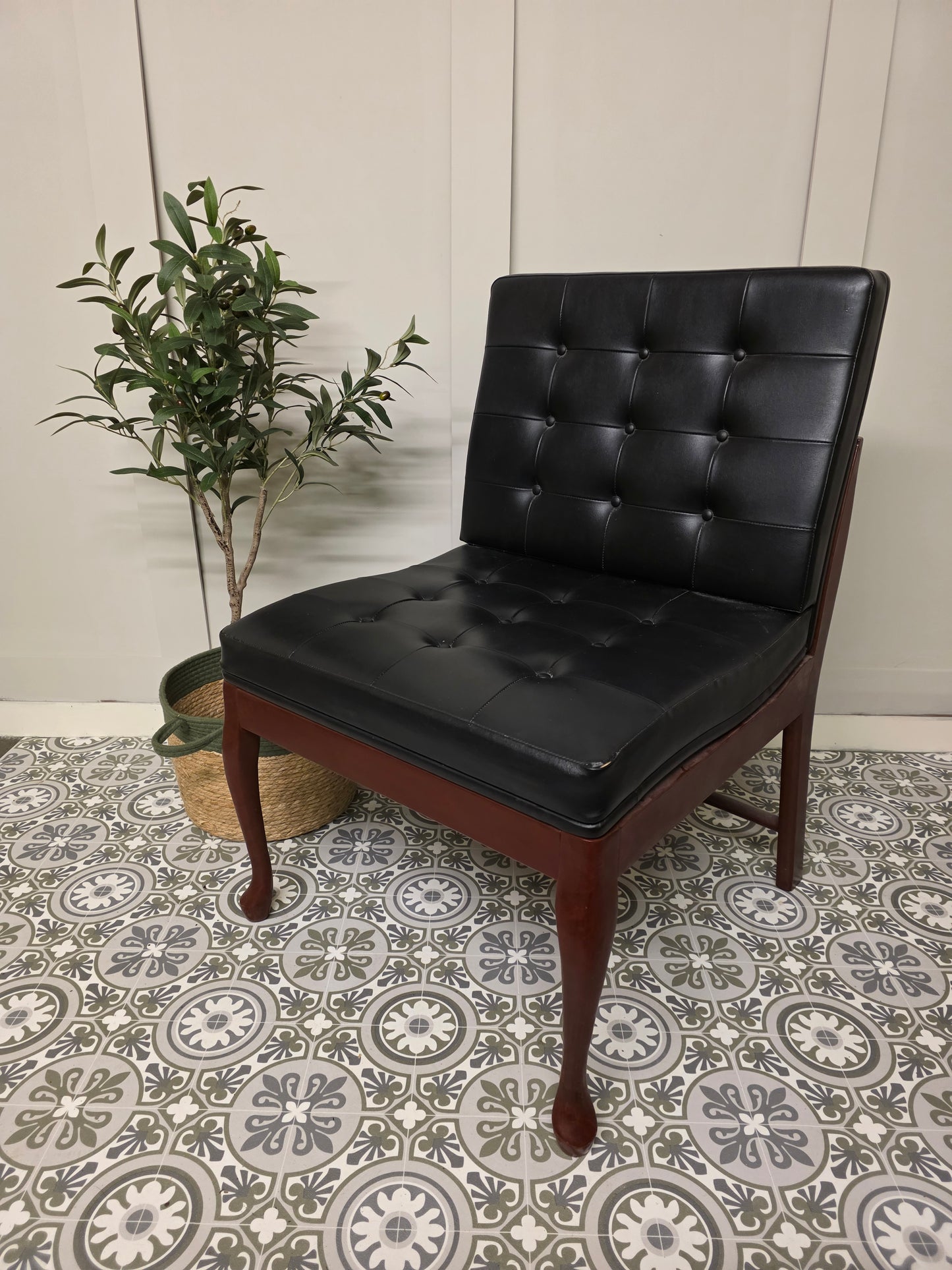 France & Sons Black Leather Teak Armchair